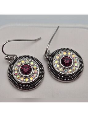 Retired Lia Sophia Silver & Purple Dangle Earrings w/ Aurora Borealis AB